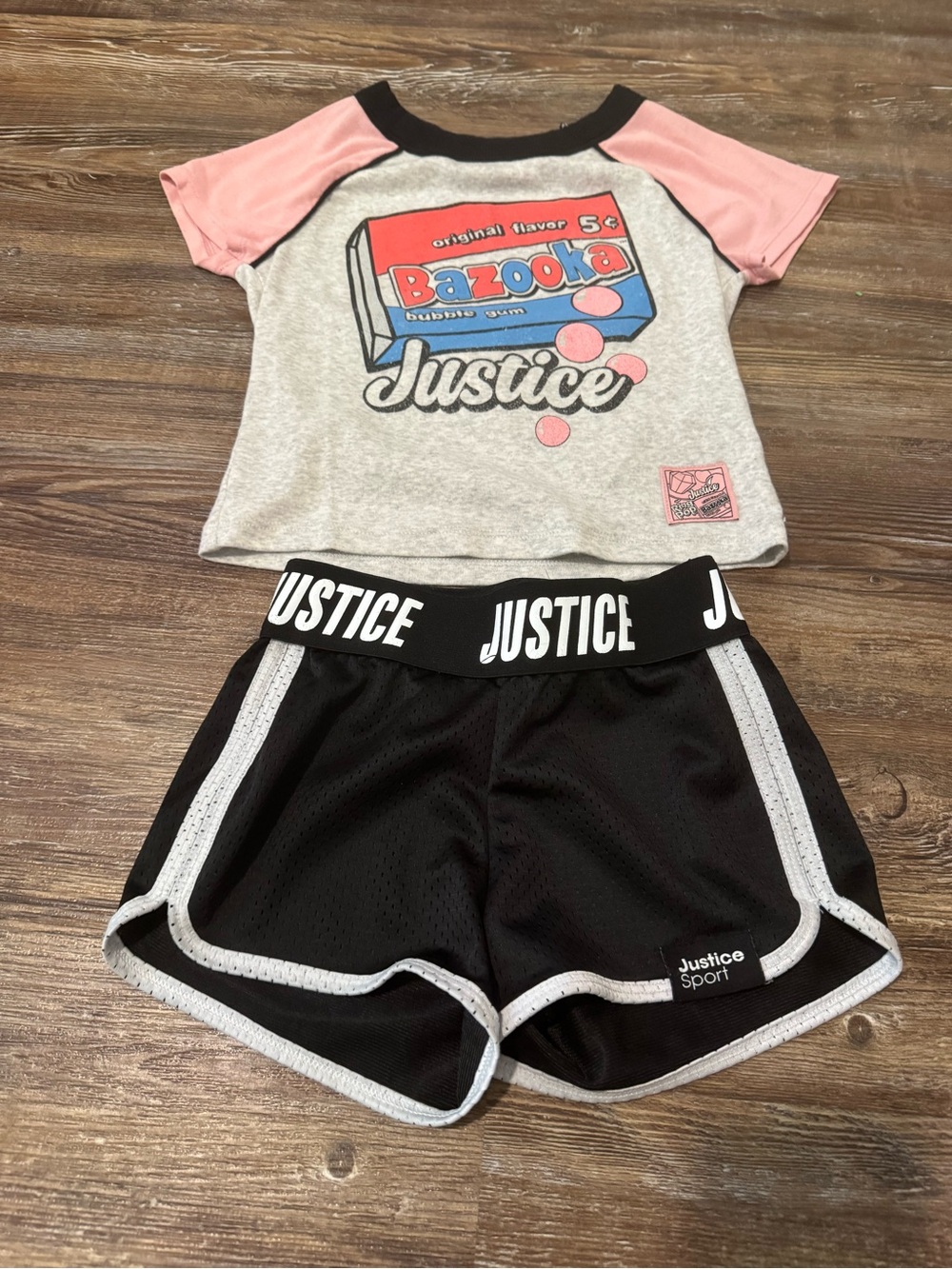 Justice Pink Raglan Bazooka Tee with Black Sport Shorts